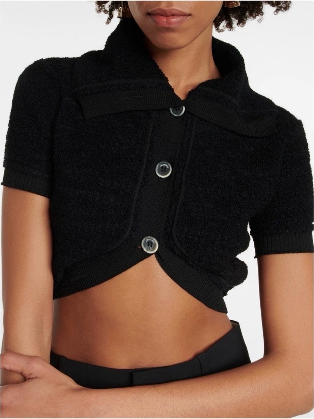 Jacquemus Le Cardigan Campana Short Sleeve Crop Wool Knit Cardigan Black Sz 36